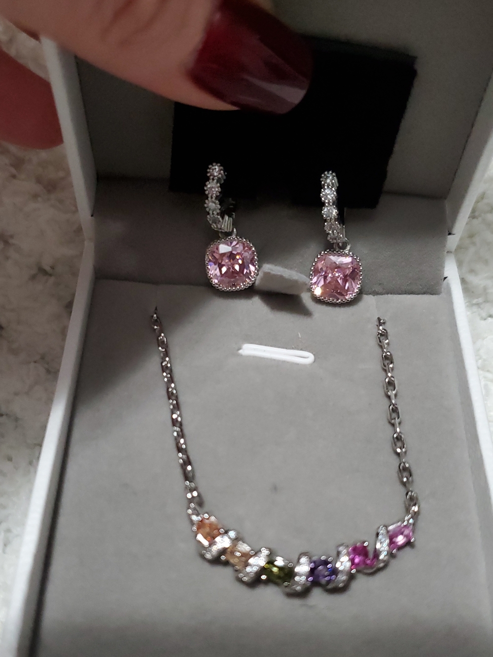 Multicolor Crystal Drop Earrings — Pink Accent